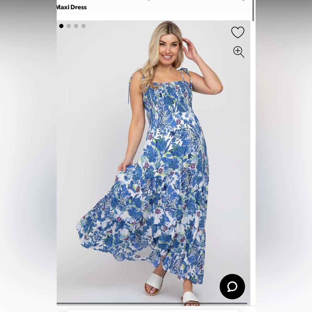 Pink Blush Blue Floral Smocked Square Neck Shoulder Tie Maternity Maxi Dress